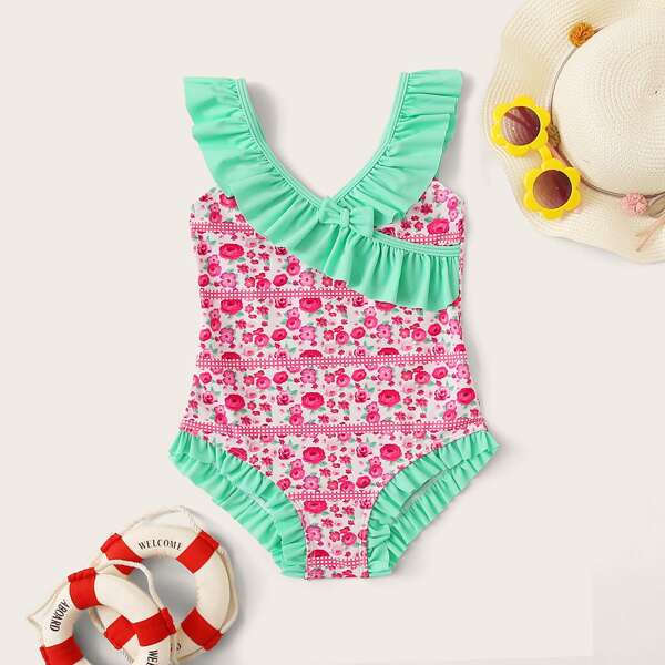 

Girls Floral Random Print Frill Trim One Piece Swimwear, Multicolor