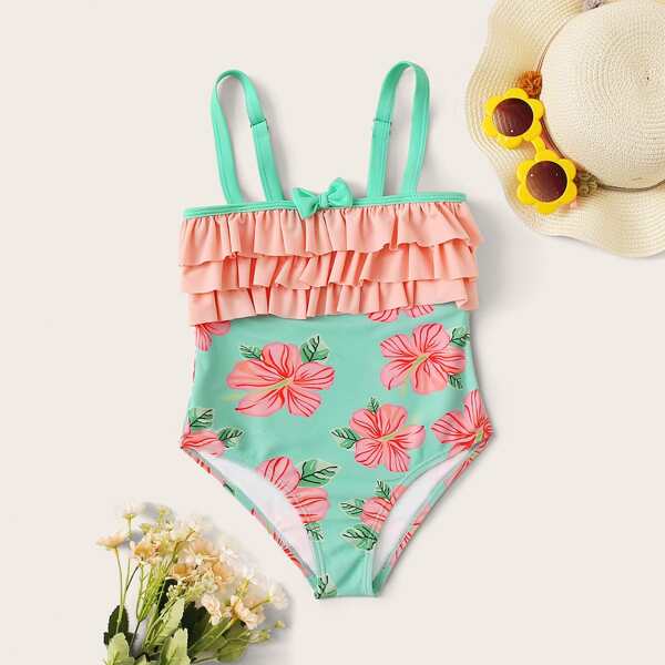 Girls Floral Random Print Tiered Layer One Piece Swimwear, Green