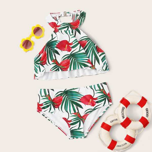 

Girls Tropical Halter Top With High Waist Bikini Set, Multicolor