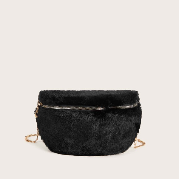 

Zip Front Faux Fur Fluffy Chain Bag, Black