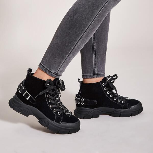 

Buckle Decor Lace-up Front Suede Boots, Black