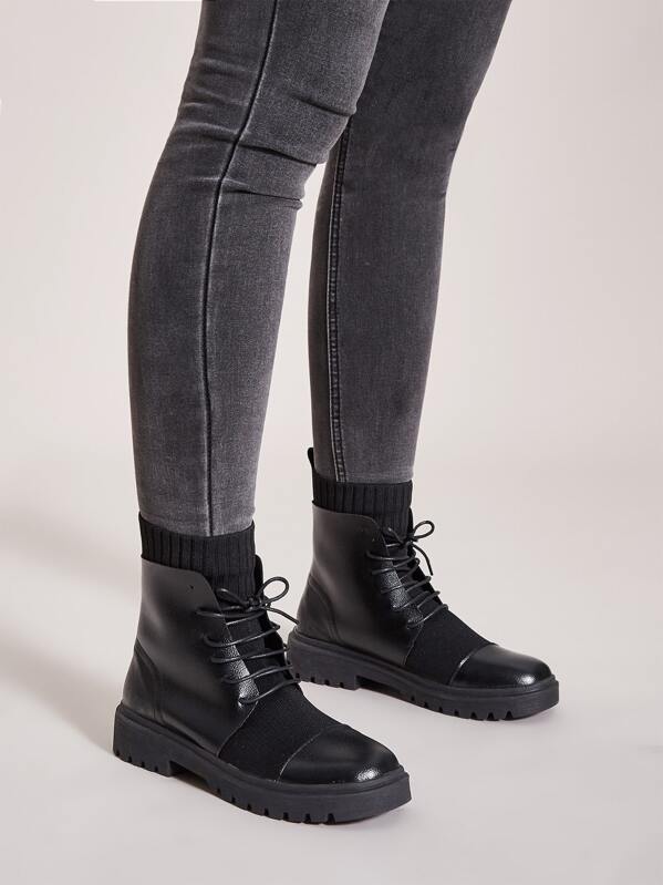 

Lace-up Front Knit Panel Boots, Black