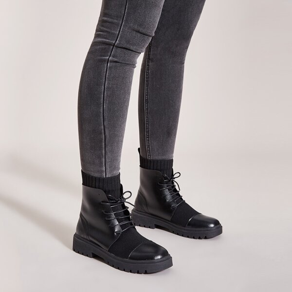 

Lace-up Front Knit Panel Boots, Black