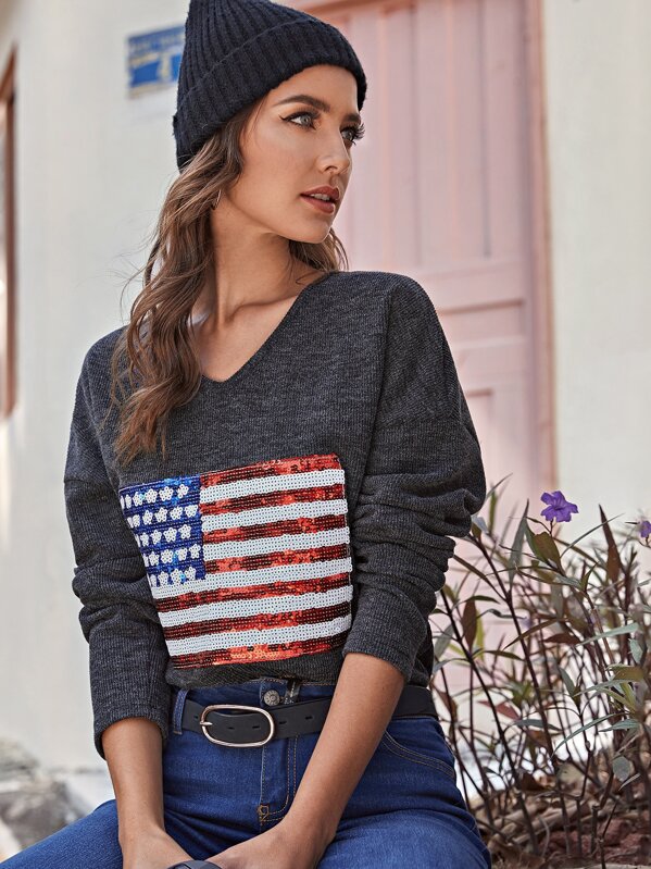 

Drop Shoulder Sequin Flag Jumper, Grey, Debi Cruz