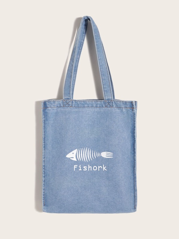 

Fish Graphic Denim Tote Bag, Blue