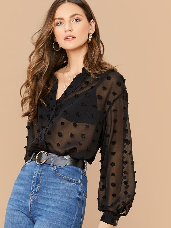 

Lantern Sleeve Swiss Dot Sheer Chiffon Blouse Without Bra, Black, Zorana