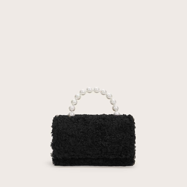 

Faux Pearl Handle Fuzzy Clutch Bag, Black