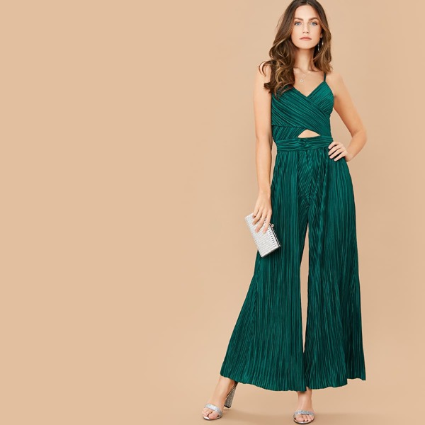 

Cross Wrap Wide Leg Pleated Peekaboo Slip Jumpsuit, Dark green