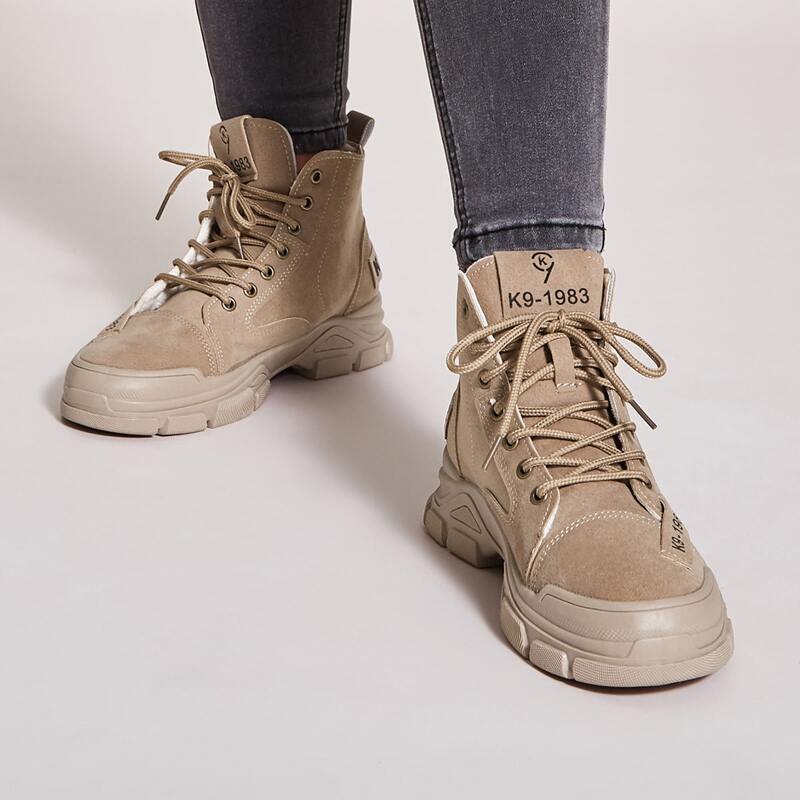 

Letter Patch Decor Lace-up Front Boots, Khaki