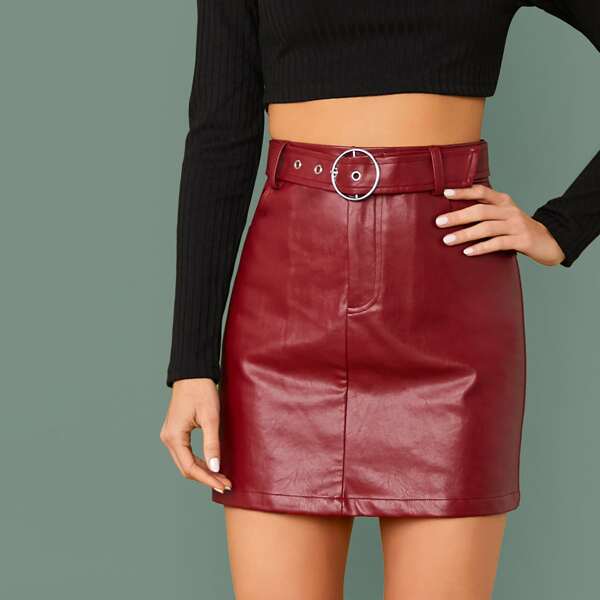 

Faux Leather Belted Skirt, Burgundy
