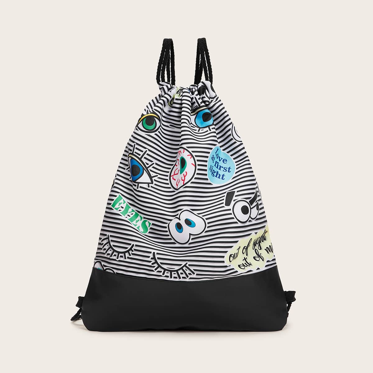 

Eye Graphic Striped Backpack With Drawstring, Multicolor