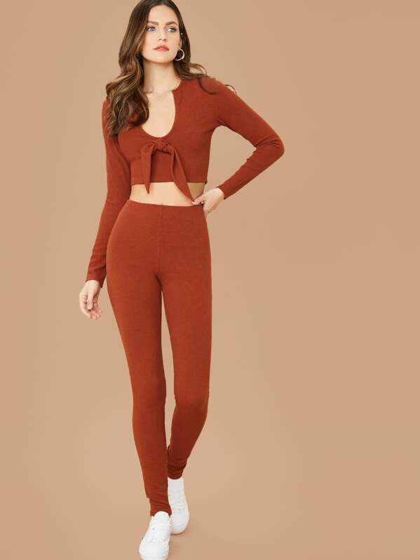 

Knotted Front Crop Slim Top & Leggings Set, Brown, Zorana