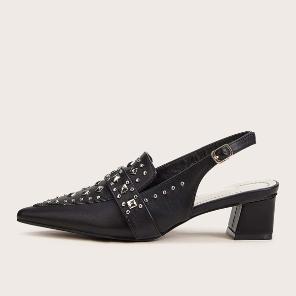 

Point Toe Studded Decor Chunky Heels, Black