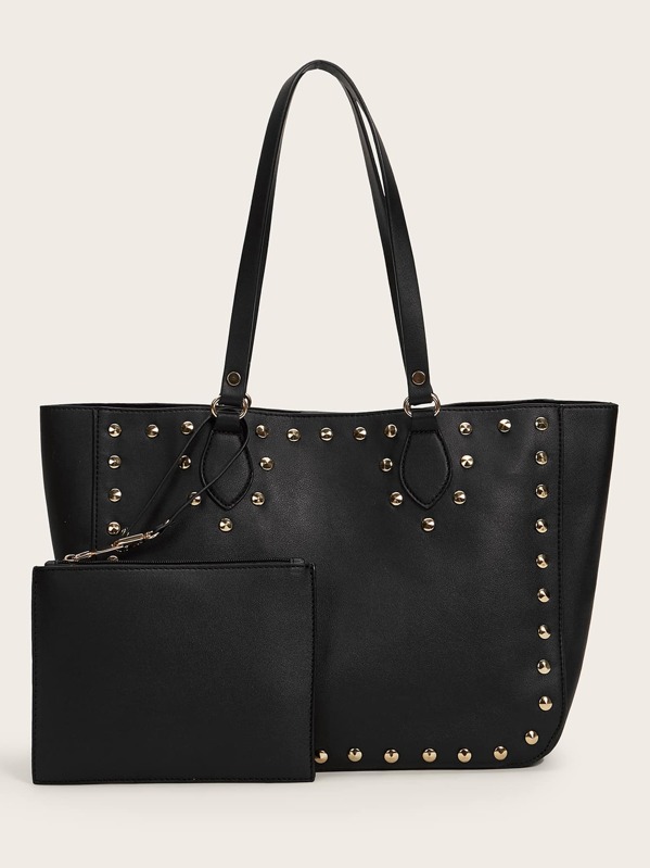 

Studded Decor Tote Bag With Clutch Bag, Black