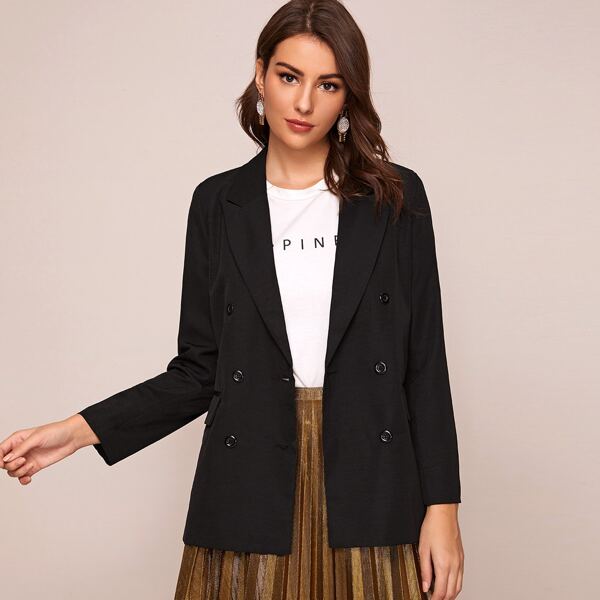 

Double Breasted Fake Flap Pocket Blazer, Black
