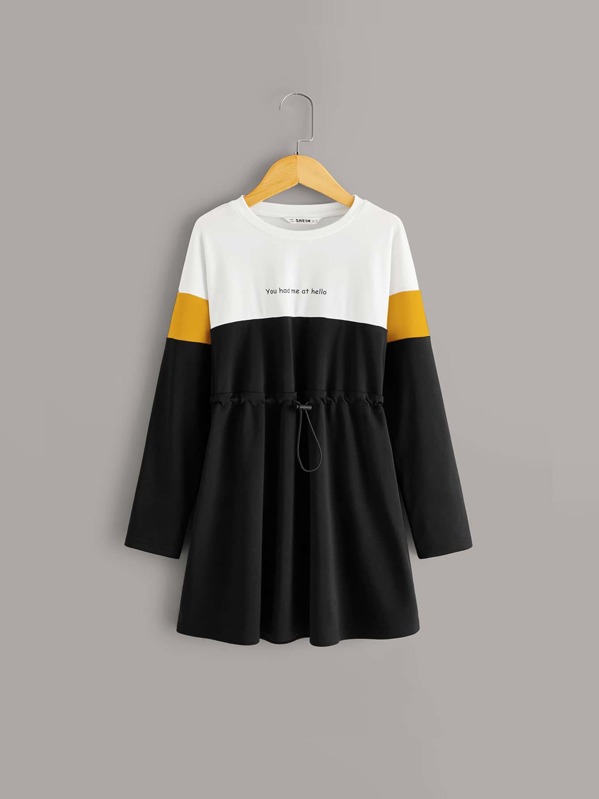 

Girls Slogan Graphic Drawstring Waist Colorblock Dress, Black and white