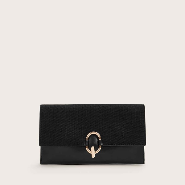 Metal Lock Detail Clutch Bag With Wristlet, Black