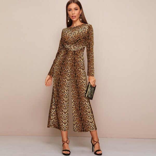 

Twist Front Leopard Print Wide Leg Jumpsuit, Multicolor