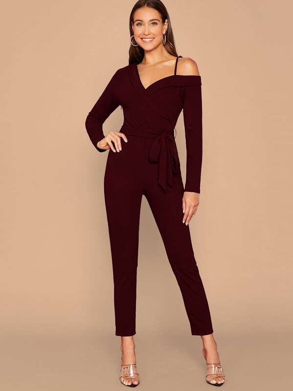 

Asymmetrical Neck Self Belted Jumpsuit, Burgundy, Anna Herrin