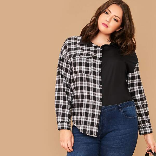 

Plus Curved Hem Color Block Plaid Blouse, Black and white