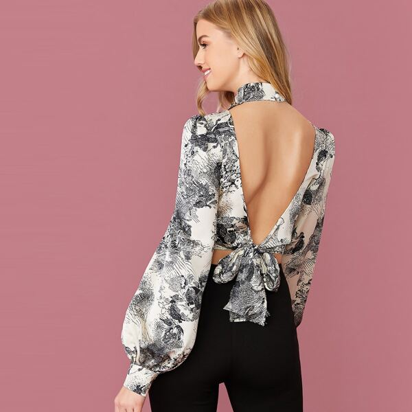 

Open Tie Back Lantern Sleeve Landscape Print Blouse, Multicolor