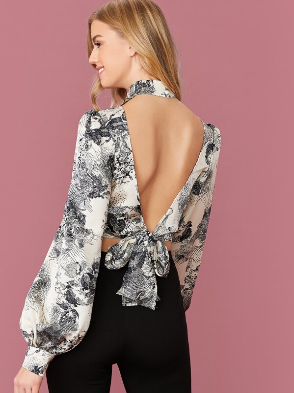 

Open Tie Back Lantern Sleeve Landscape Print Blouse, Multicolor, Effy Harvard