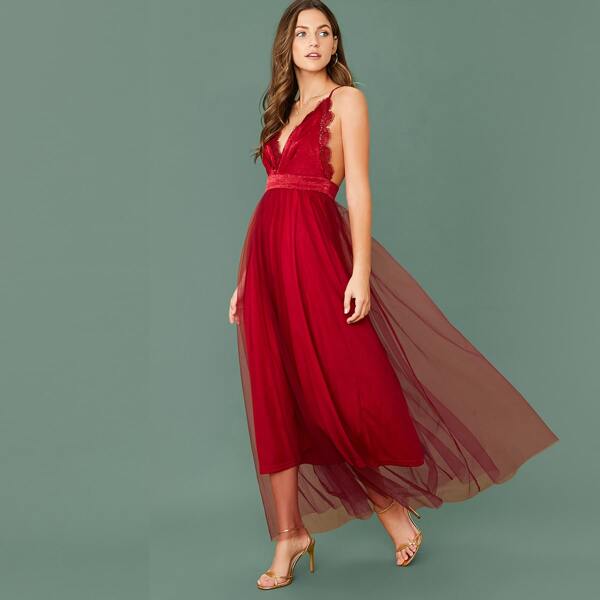 

Eyelash Lace Trim Crisscross Backless Mesh Overlay Dress, Burgundy bright