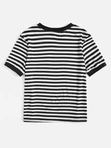 SHEIN EZwear Pocket Patch Striped Ringer Tee - Black and White - View 2