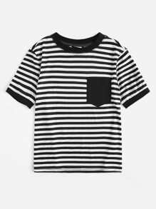 SHEIN EZwear Pocket Patch Striped Ringer Tee - Black and White - View 3