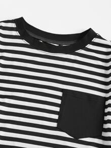 SHEIN EZwear Pocket Patch Striped Ringer Tee - Black and White - View 4