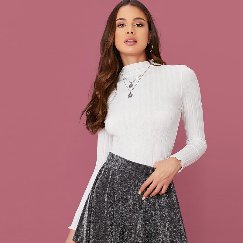 

Lettuce Edge Mock-neck Fitted Solid Tee, White