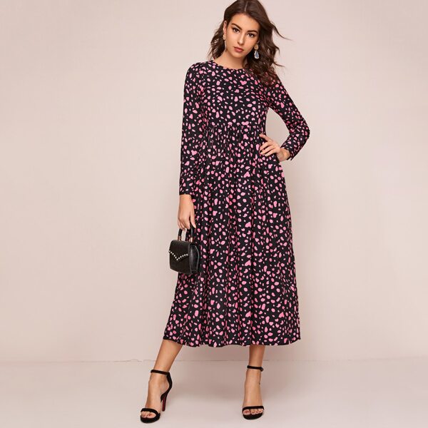 

All Over Print Keyhole Back High Waist Dress, Multicolor