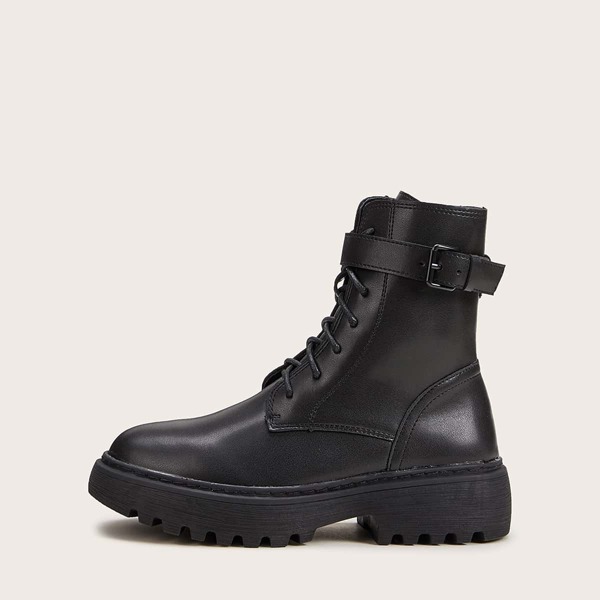 

Buckle Decor Lace-up Front Boots, Black