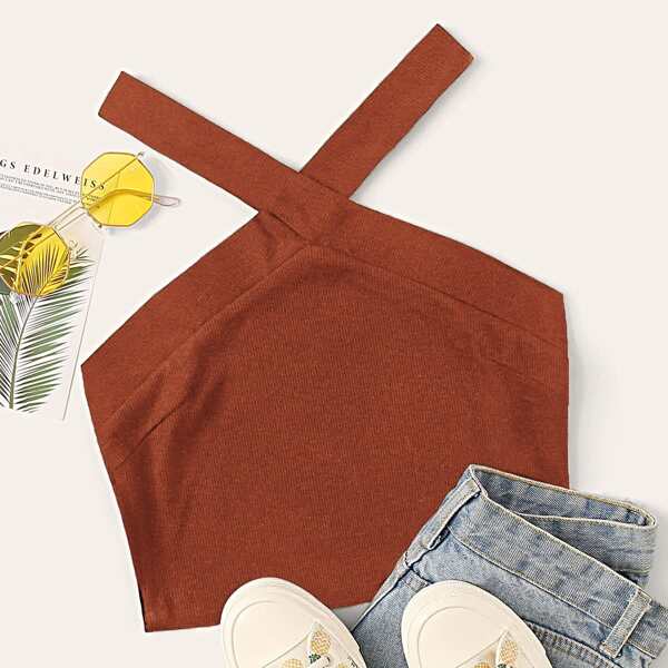 

Ribbed Crisscross Cropped Halter Top, Rust brown