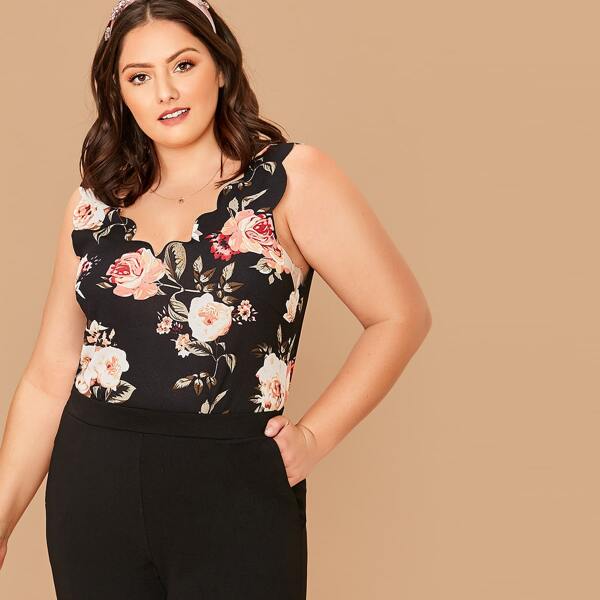 

Plus Scallop Trim Floral Print Tank Top, Multicolor
