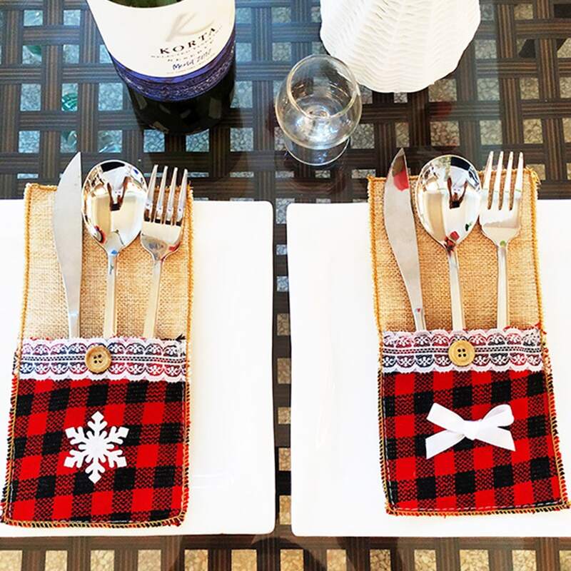

1pc Christmas Bow Decor Gingham Cutlery Bag, Multicolor
