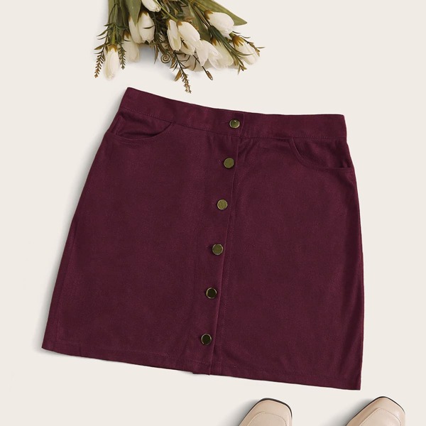 

Suede Button Front Mini Skirt, Burgundy