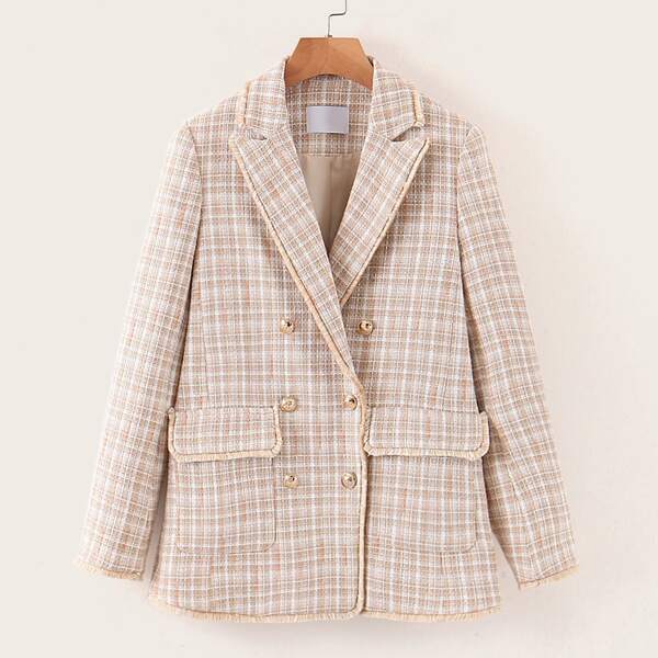 

Double Breasted Pocket Plaid Tweed Blazer, Khaki