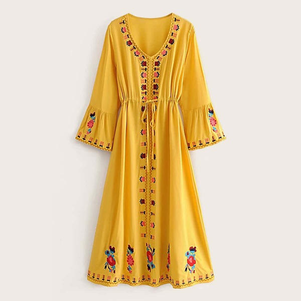

Floral And Tribal Embroidered Drawstring Waist Dress, Yellow