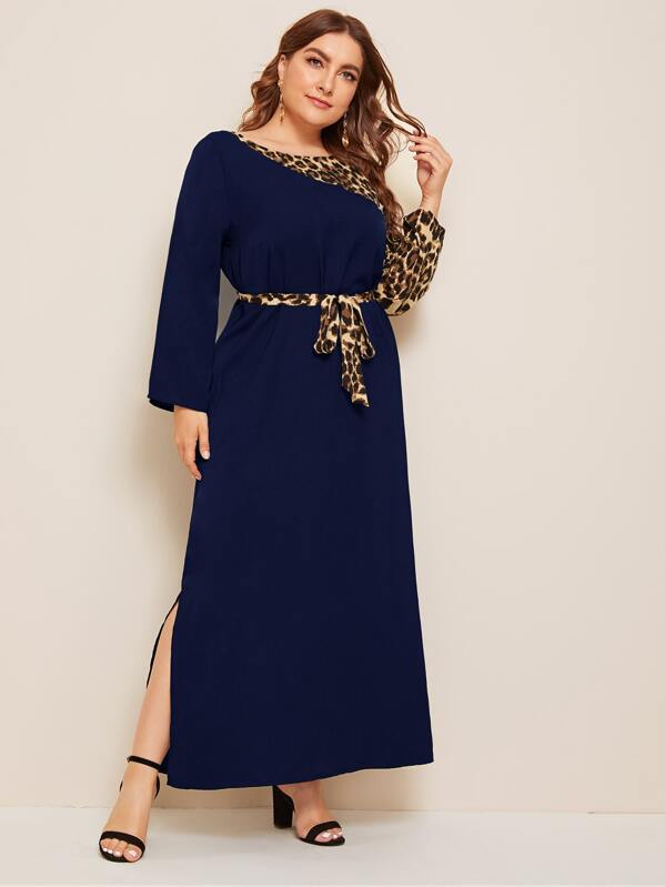 

Plus Contrast Leopard Self Tie Dress, Navy, Franziska