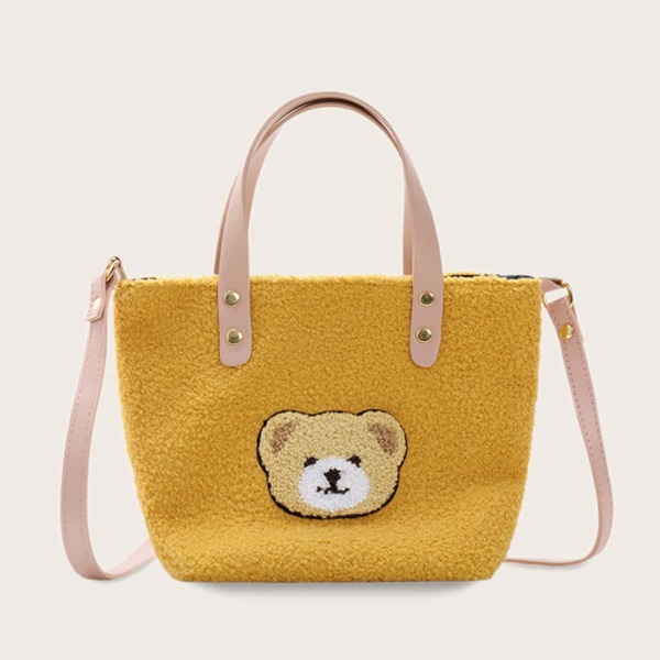 

Girls Bear Pattern Fluffy Satchel Bag, Yellow