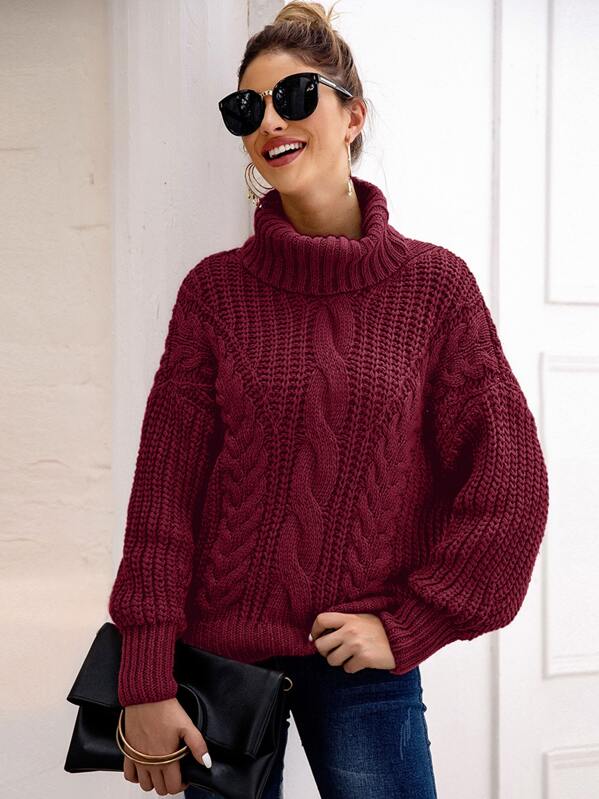 

Cable Knit Turtleneck Lantern Sleeve Sweater, Burgundy, Debi Cruz