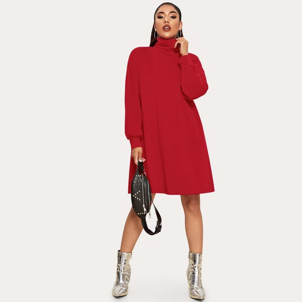 

Solid High Neck Sweatshirt Dress, Red