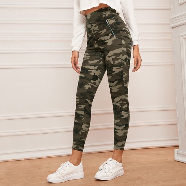 

Zip Detail Camo Print Leggings, Multicolor