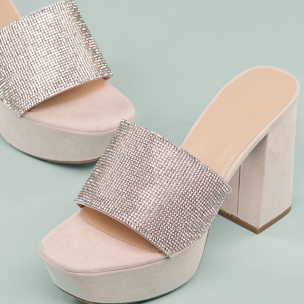 

Crystal Open Toe Platform Chunky Heels, Nude