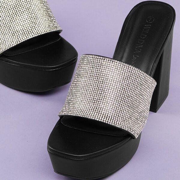 

Rhinestone Open Toe Platform Block Heels, Black