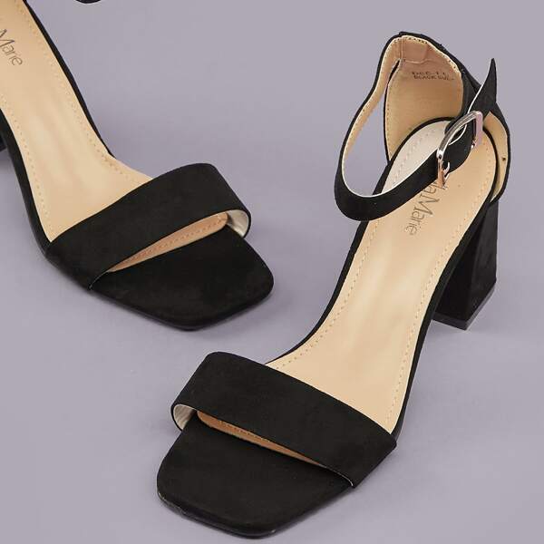 

Square Toe Buckled Ankle Block Heel Sandals, Black
