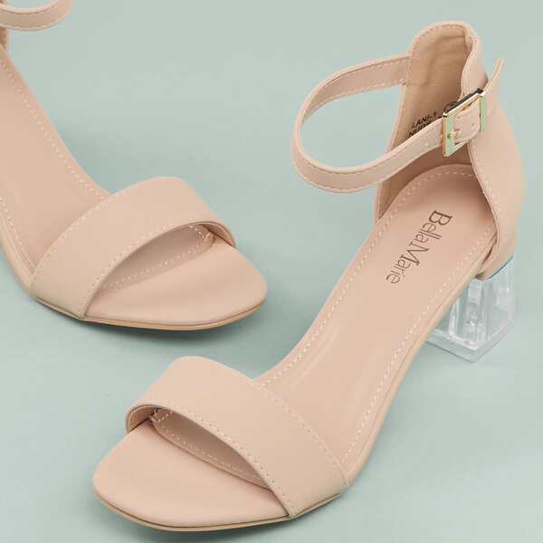

Buckled Ankle Open Toe Clear Chunky Heel Sandals, Pink