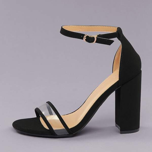 

Open Toe PVC Band Buckled Ankle Block Heel Sandals, Black