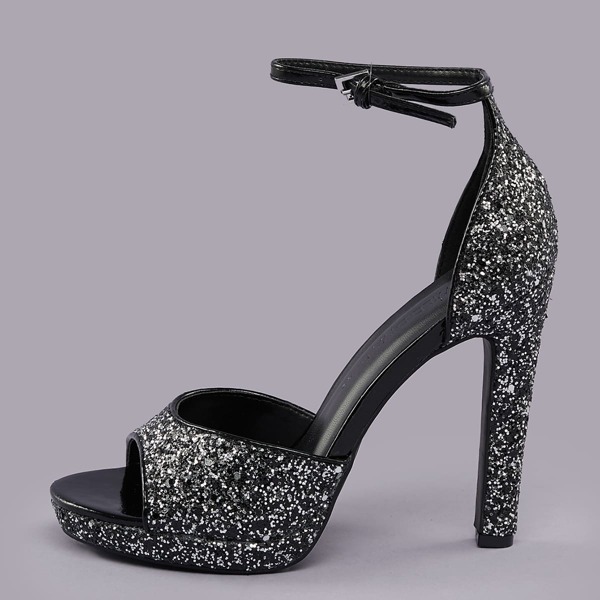 

Open Toe Ankle Strap Glitter Platform Heels, Black